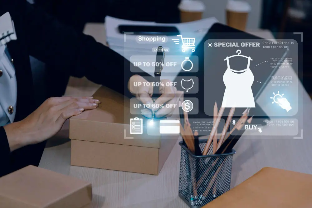 Mulher escrevendo em caixa ao fundo com ícones ilustrados de e-commerce flutuando a frente